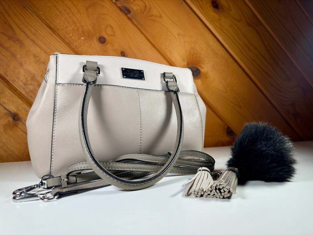 GUESS Hopwood Colorblock Satchel Purse Adjustable Crossbody Strap Pom Charm